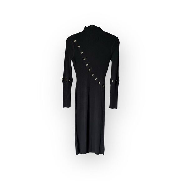 Nicholas Dress Size M Black Button Bodycon Ribbed Turtleneck Asymmetric Midi - Picture 3 of 7